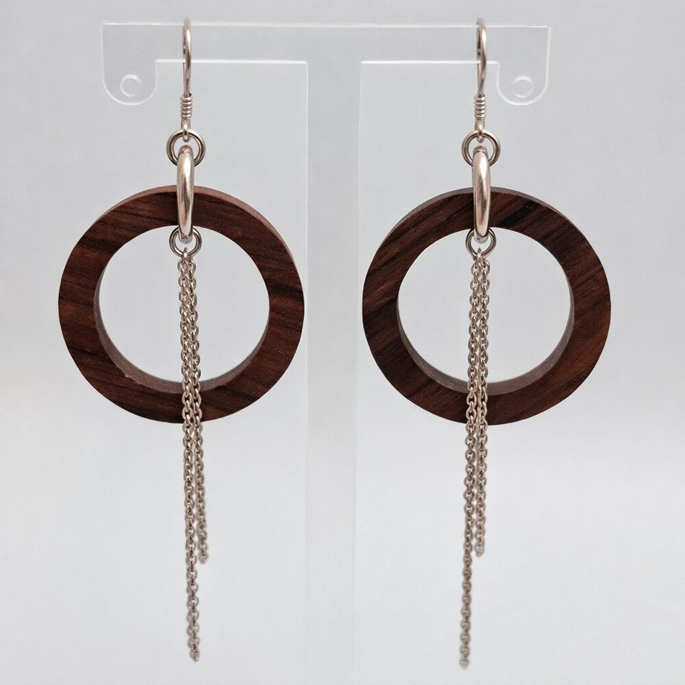 Handmade Brown Circular Wood & Sterling Silver 925 Chain Tassel Earrings